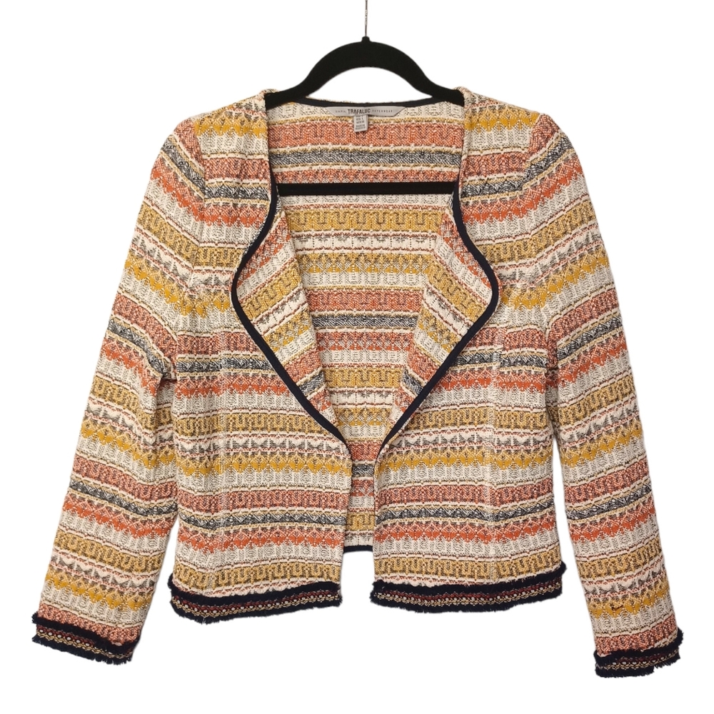 ZARA TRAFALUC Orange Yellow Cream Tweed Like Open Sweater Jacket Large